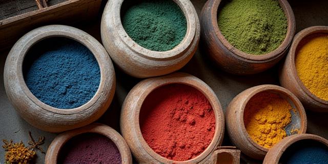 様々な植物の染料が入った大きな甕（かめ）。草木染め